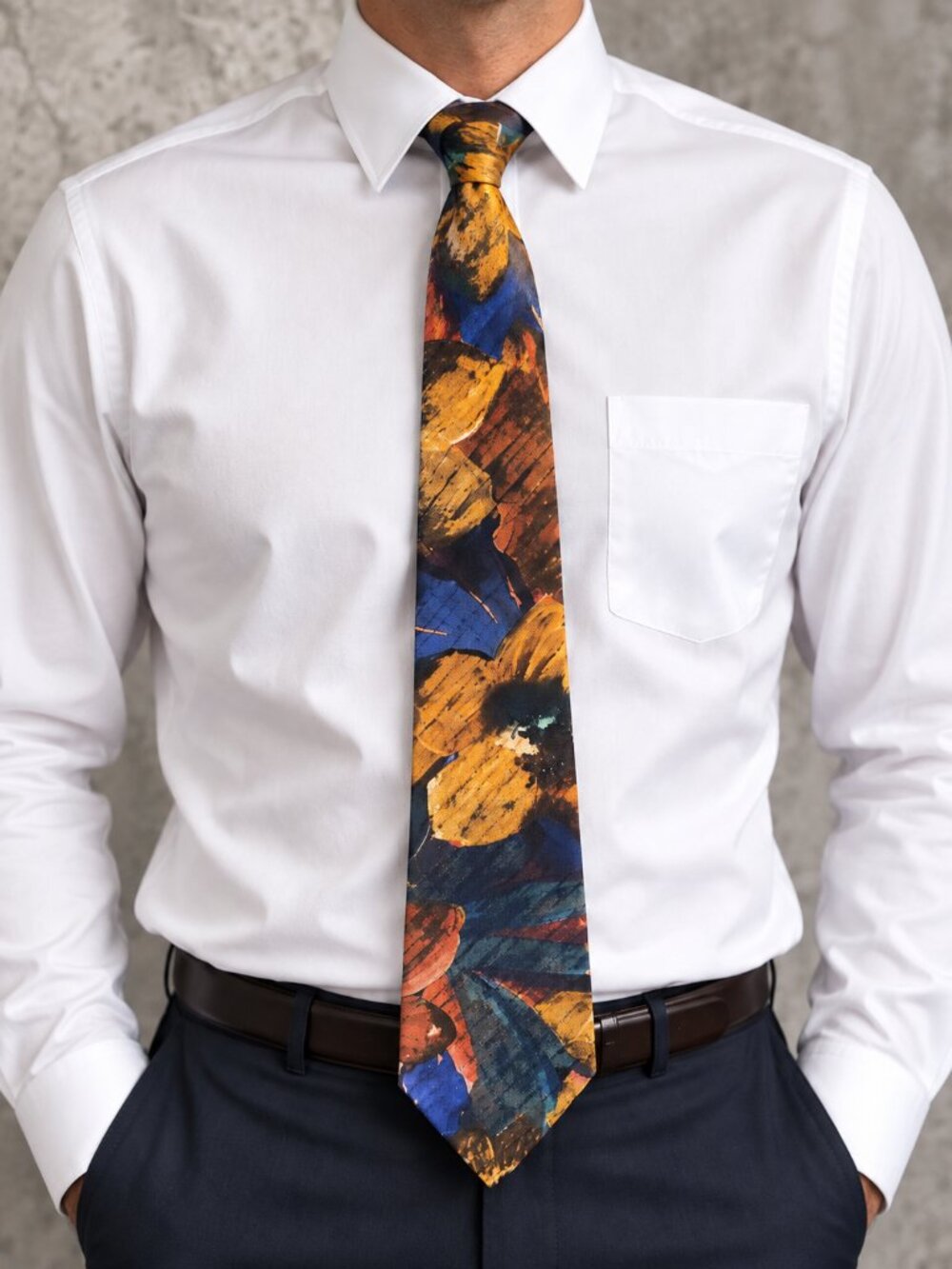 Men’s Abstract Floral Necktie Blue Gold Orange Teal Wide Art Print Dress Tie